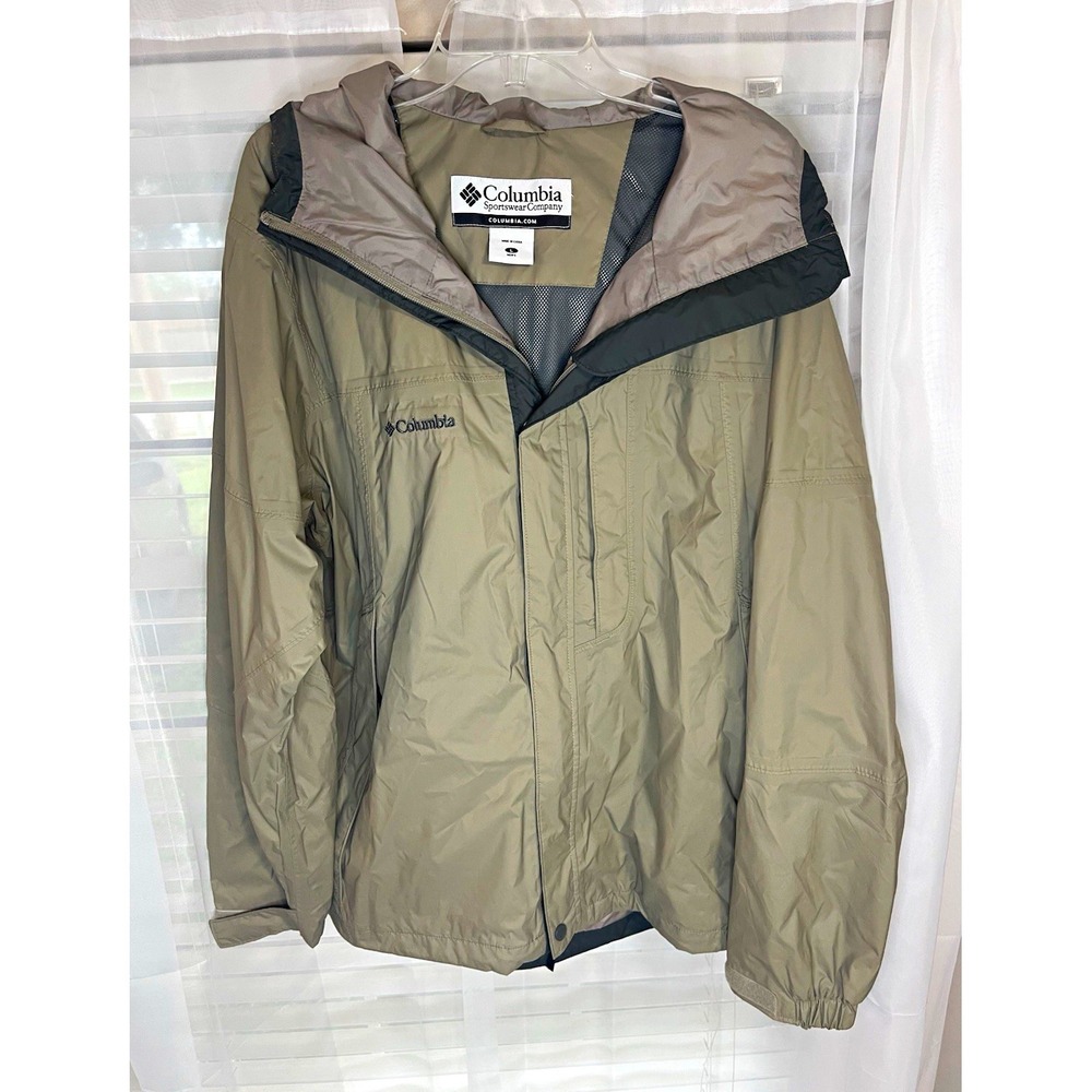 Columbia Mens Omni-Tech Waterproof Rain Jacket Full Zip L Beige Gray RN69724
